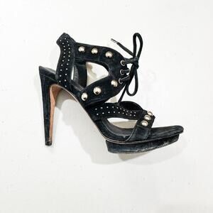 Rebecca Minkoff Ilima Black Suede Leather Platform Open Toe Heel Sandal Size 6.5